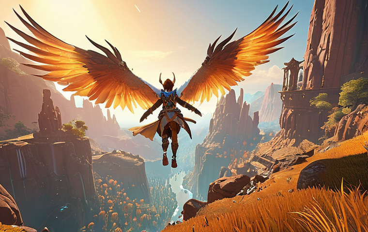 **
"A vast, vibrant landscape in the style of an MMORPG. A winged character soars through the air, bathed in ethereal light. Focus is on the wings and the character's gear, emphasizing speed and efficiency. Subtle UI elements hint at Aether levels and consumption rates. Warm, inviting color palette."
**