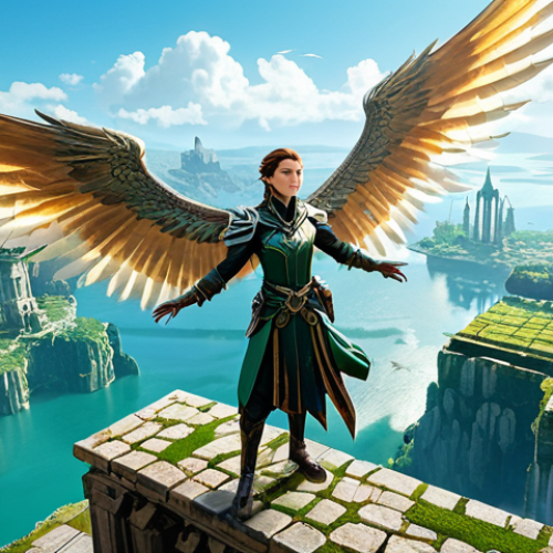 Home 24 A majestic Aion-inspired fantasy adventurer, fully clothed in modest, ornate professional attire with intricate details and large, ethereal wings, soaring gracefully over a breathtaking, lush green fantasy landscape. Ancient ruins are visible below, nestled among floating islands under a vibrant, clear sky. The scene is captured with perfect anatomy, correct proportions, well-formed hands, proper finger count, and natural body proportions, ensuring a natural pose. This high-quality, professional image is safe for work, appropriate content, and family-friendly, rendered with cinematic lighting and epic scope.