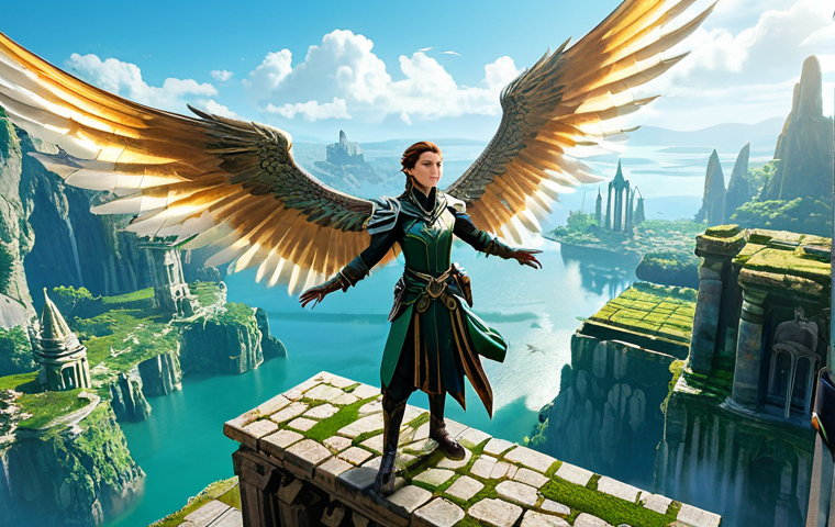 A majestic Aion-inspired fantasy adventurer, fully clothed in modest, ornate professional attire with intricate details and large, ethereal wings, soaring gracefully over a breathtaking, lush green fantasy landscape. Ancient ruins are visible below, nestled among floating islands under a vibrant, clear sky. The scene is captured with perfect anatomy, correct proportions, well-formed hands, proper finger count, and natural body proportions, ensuring a natural pose. This high-quality, professional image is safe for work, appropriate content, and family-friendly, rendered with cinematic lighting and epic scope.