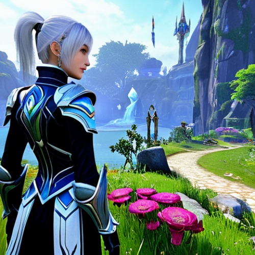 Home 9 ** A friendly, fully clothed Aion novice in modest armor exploring a vibrant, safe-for-work Aion landscape. Include details of the lush environment and friendly NPCs. Perfect anatomy, natural pose, appropriate content, professional.
**