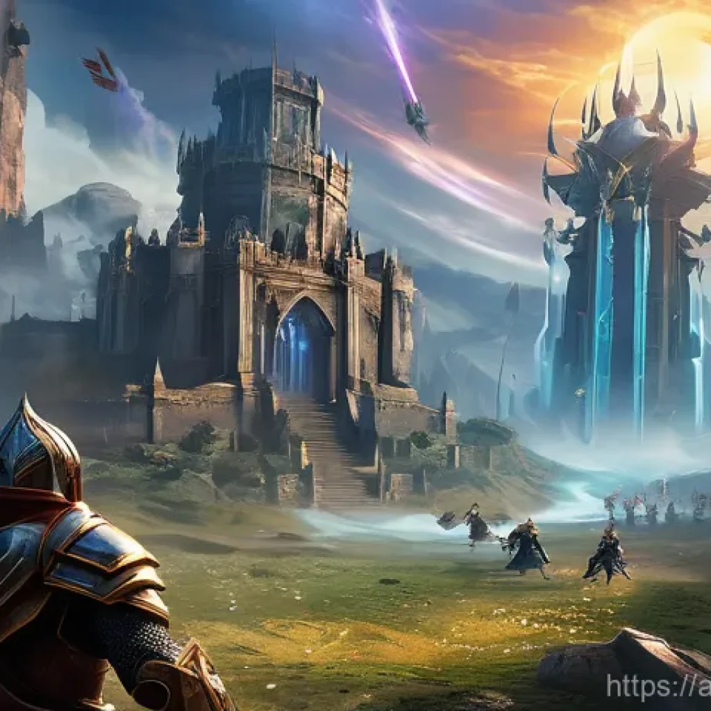 아이온 PvP 경험치 획득법 - **Prompt:** An epic, large-scale PvP fortress battle in the Aion Abyss. Show a dynamic scene with a ...