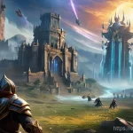 아이온 PvP 경험치 획득법 - **Prompt:** An epic, large-scale PvP fortress battle in the Aion Abyss. Show a dynamic scene with a ...