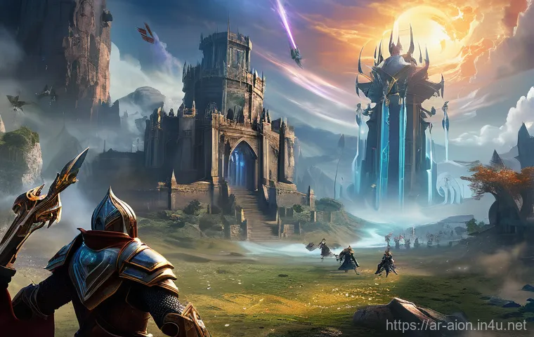 아이온 PvP 경험치 획득법 - **Prompt:** An epic, large-scale PvP fortress battle in the Aion Abyss. Show a dynamic scene with a ...