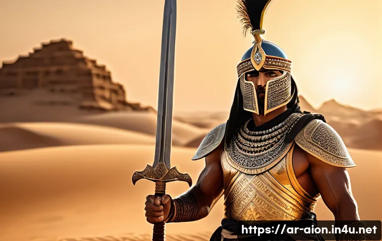 아이온 종족별 특성 - A powerful tribal warrior in traditional heavy armor standing confidently on an open battlefield und...
