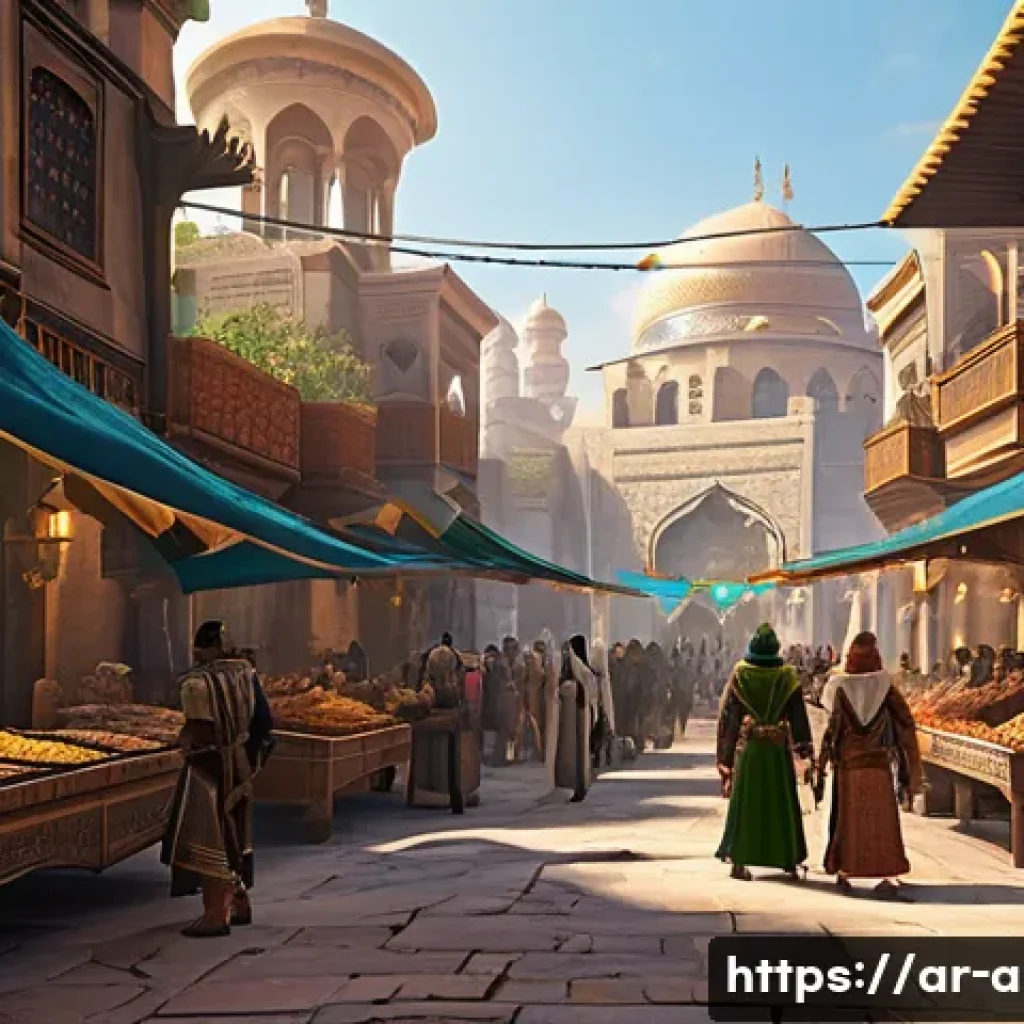 아이온 서버 추천 - A vibrant MMO game server scene depicting a bustling Middle Eastern fantasy city filled with diverse...
