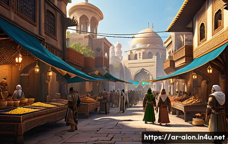 아이온 서버 추천 - A vibrant MMO game server scene depicting a bustling Middle Eastern fantasy city filled with diverse...
