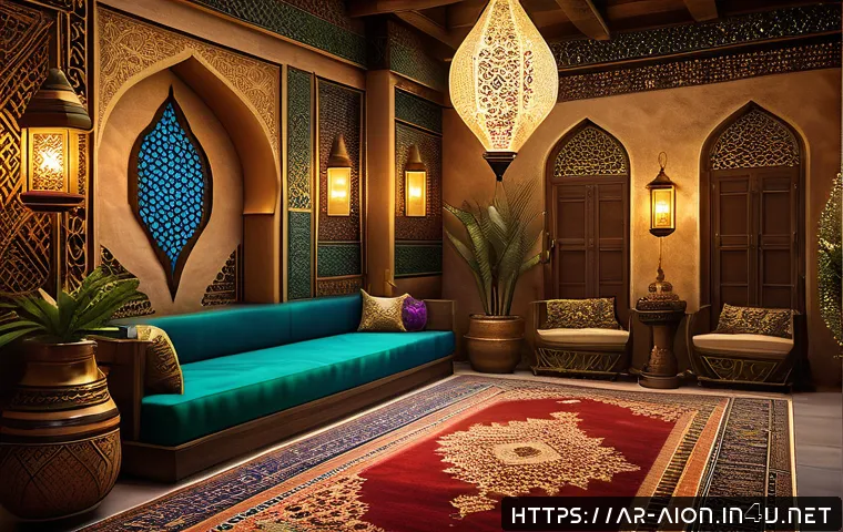 아이온 하우징 아이템 얻기 - A vibrant and detailed scene of an Arab-inspired fantasy home interior in Aion, showcasing a harmoni...