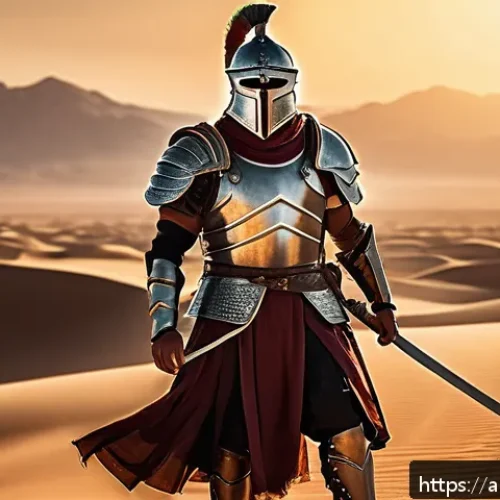 아이온 전투 팁 - A dynamic scene of an armored Gladiator warrior in a vast desert battlefield at sunset, wielding a l...