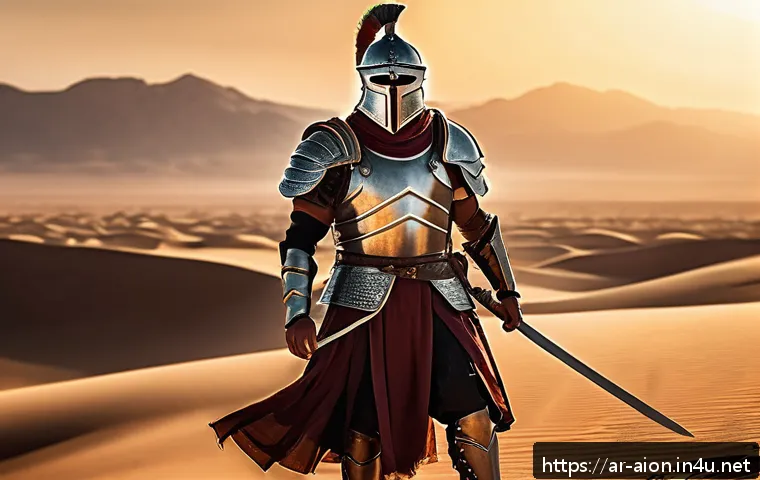 아이온 전투 팁 - A dynamic scene of an armored Gladiator warrior in a vast desert battlefield at sunset, wielding a l...