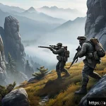 아이온 지역별 몬스터 특징 - A dynamic scene depicting a mountainous region inhabited by large, slow-moving monsters with strong ...