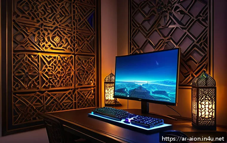 아이온 게임 화면 설정 - A vibrant gaming setup showcasing a high-resolution monitor displaying the fantasy MMORPG AION with ...