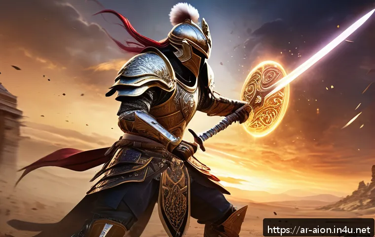 아이온 인기 클래스 순위 - A dynamic battle scene in the world of Aion featuring an offensive class warrior in detailed, ornate...