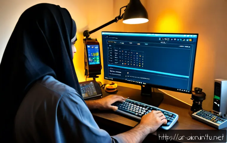 아이온 거래소 활용법 - Photorealistic over-the-shoulder view of an Arab adult gamer at a tidy modern desk, using a fantasy ...