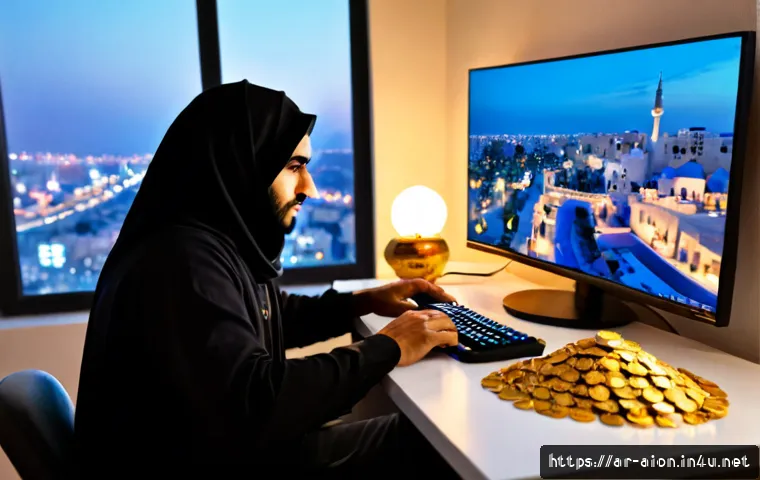 아이온 키나 효율적 수급법 - Photorealistic Arab gamer at a clean modern desk in a warmly lit apartment, focused on a fantasy MMO...